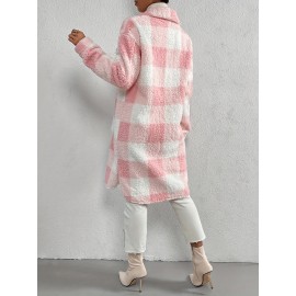 Women's Plaid Pattern Teddy Coat - Elegant Open Front Long Sleeve Outerwear