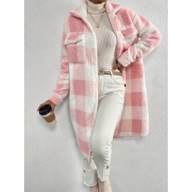 Women's Plaid Pattern Teddy Coat - Elegant Open Front Long Sleeve Outerwear