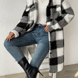 Women's Plaid Pattern Teddy Coat - Elegant Open Front Long Sleeve Outerwear