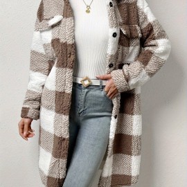 Women's Plaid Pattern Teddy Coat - Elegant Open Front Long Sleeve Outerwear