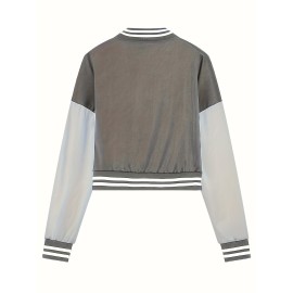 Color Block Button Front Jacket, Casual Long Sleeve Baseball Jacket For Fall & Winter, Women's Clothing