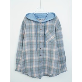 Plaid Print Hooded Jacket, Casual Drawstring Long Sleeve Button Front Outerwear For Spring & Fall, Women's Clothing