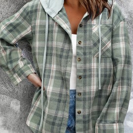 Plaid Print Hooded Jacket, Casual Drawstring Long Sleeve Button Front Outerwear For Spring & Fall, Women's Clothing