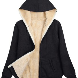 Women's Fuzzy Hooded Jacket - Casual Zip Up Outerwear with Drawstring and Long Sleeves