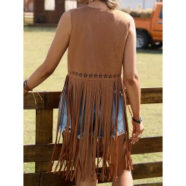 Hippie Eyelet Fringe Sleeveless Jacket, Open Front Tassel Jacket For All Seasons, Women's Clothing