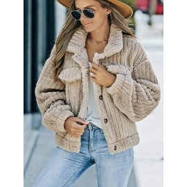 Women's Solid Faux Fur Trucker Jacket - Casual Long Sleeve Winter Coat for Fall & Winter