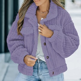 Women's Solid Faux Fur Trucker Jacket - Casual Long Sleeve Winter Coat for Fall & Winter