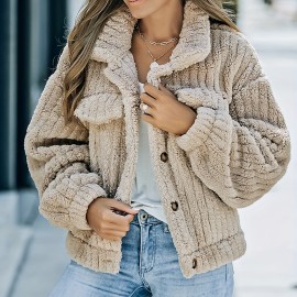 Women's Solid Faux Fur Trucker Jacket - Casual Long Sleeve Winter Coat for Fall & Winter