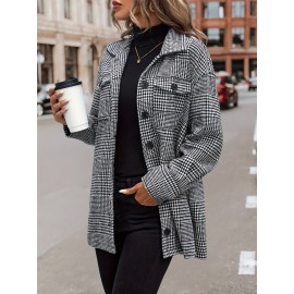 Houndstooth Flap Pockets Jacket, Casual Long Sleeve Single Breasted Jacket, Women's Clothing