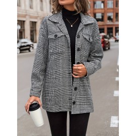 Houndstooth Flap Pockets Jacket, Casual Long Sleeve Single Breasted Jacket, Women's Clothing