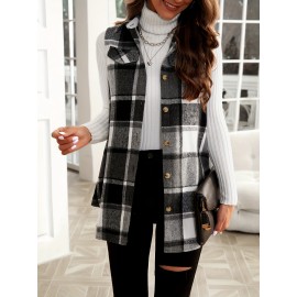 Women's Plaid Pattern Sleeveless Button Front Vest - Casual and Stylish Addition to Your Wardrobe