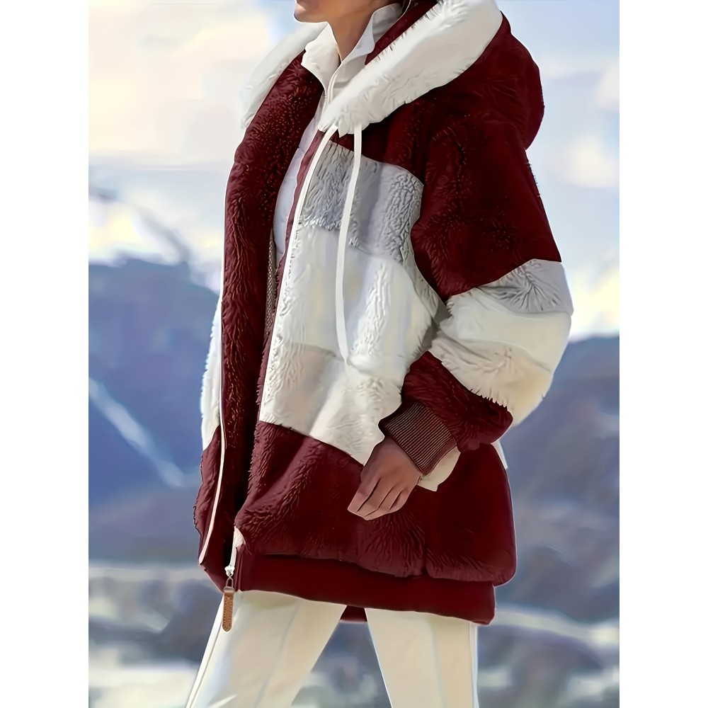 Women's Color Block Fuzzy Hooded Coat - Casual Long Sleeve Winter Warm Outerwear