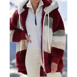 Women's Color Block Fuzzy Hooded Coat - Casual Long Sleeve Winter Warm Outerwear