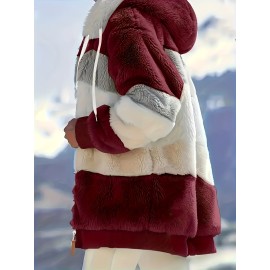 Women's Color Block Fuzzy Hooded Coat - Casual Long Sleeve Winter Warm Outerwear