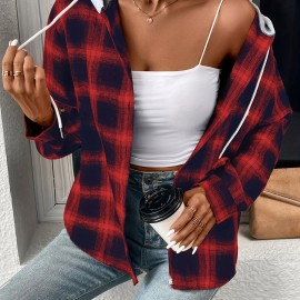 Plaid Print Hooded Jacket, Casual Drawstring Long Sleeve Button Front Outerwear, Women's Clothing