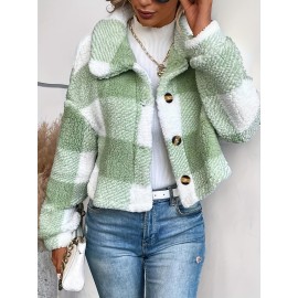 Plaid Pattern Button Front Teddy Coat - Women's Long Sleeve Winter Outwear