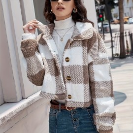 Plaid Pattern Button Front Teddy Coat - Women's Long Sleeve Winter Outwear