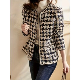 Women's Plaid Pattern Jacket - Elegant Crew Neck Open Front Long Sleeve Outerwear