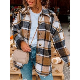 Plaid Print Button Jacket, Casual Collared Long Sleeve Outerwear, Women's Clothing