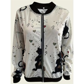 Graphic Print Zipper Jacket, Casual Baseball Neck Long Sleeve Outerwear, Women's Clothing