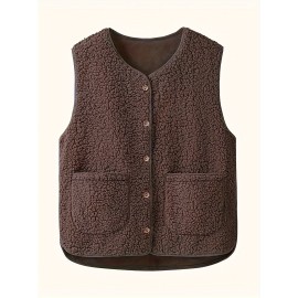 Women's Casual Sleeveless Vest with Pockets - Solid Button Front Design