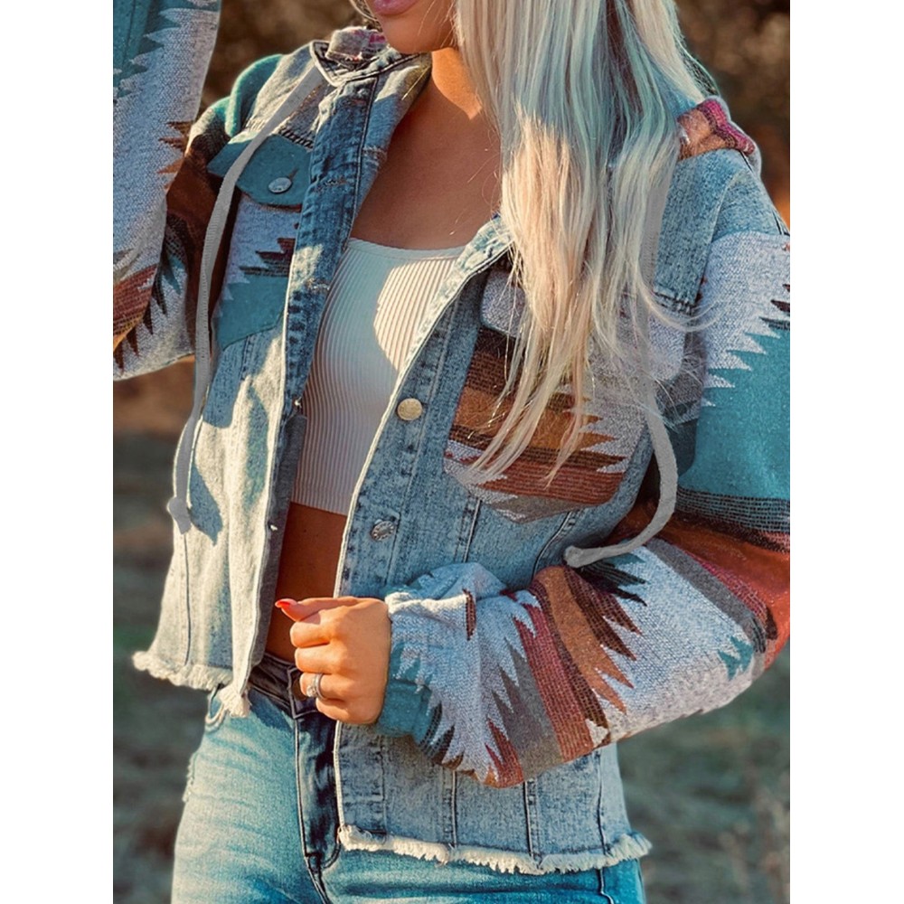 Women's Multicolor Aztec Print Frayed Hem Denim Jacket - Stylish Streetwear Outerwear with Loose Fit and Convenient Pockets