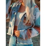 Women's Multicolor Aztec Print Frayed Hem Denim Jacket - Stylish Streetwear Outerwear with Loose Fit and Convenient Pockets