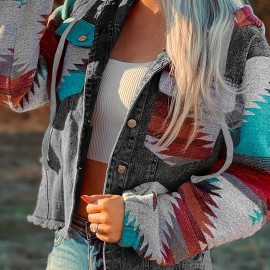 Women's Multicolor Aztec Print Frayed Hem Denim Jacket - Stylish Streetwear Outerwear with Loose Fit and Convenient Pockets