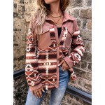 Aztec Pattern Teddy Jacket, Casual Button Front Long Sleeve Outerwear, Women's Clothing