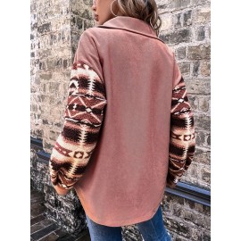 Aztec Pattern Teddy Jacket, Casual Button Front Long Sleeve Outerwear, Women's Clothing