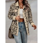 Leopard Print Button Plaid Jacket, Casual Flap Pockets Long Sleeve Jacket For Fall & Winter, Women's Clothing