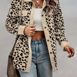 Leopard Print Button Plaid Jacket, Casual Flap Pockets Long Sleeve Jacket For Fall & Winter, Women's Clothing