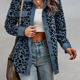 Leopard Print Button Plaid Jacket, Casual Flap Pockets Long Sleeve Jacket For Fall & Winter, Women's Clothing