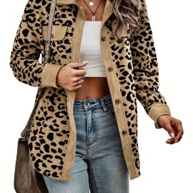 Leopard Print Button Plaid Jacket, Casual Flap Pockets Long Sleeve Jacket For Fall & Winter, Women's Clothing