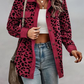 Leopard Print Button Plaid Jacket, Casual Flap Pockets Long Sleeve Jacket For Fall & Winter, Women's Clothing