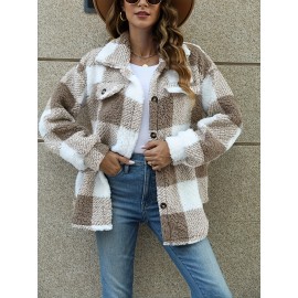 Women's Plaid Pattern Teddy Coat - Casual Button Front Long Sleeve Winter Outerwear