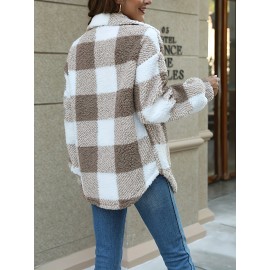 Women's Plaid Pattern Teddy Coat - Casual Button Front Long Sleeve Winter Outerwear