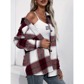 Plaid Button Front Jacket - Casual Lapel Long Sleeve Outwear for Women