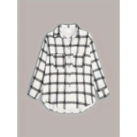 Women's Plaid Classic Shacket Jacket - Casual Button Front Long Sleeve Outerwear