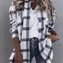 Women's Plaid Classic Shacket Jacket - Casual Button Front Long Sleeve Outerwear