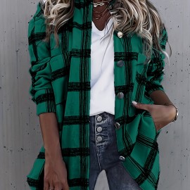 Women's Plaid Classic Shacket Jacket - Casual Button Front Long Sleeve Outerwear