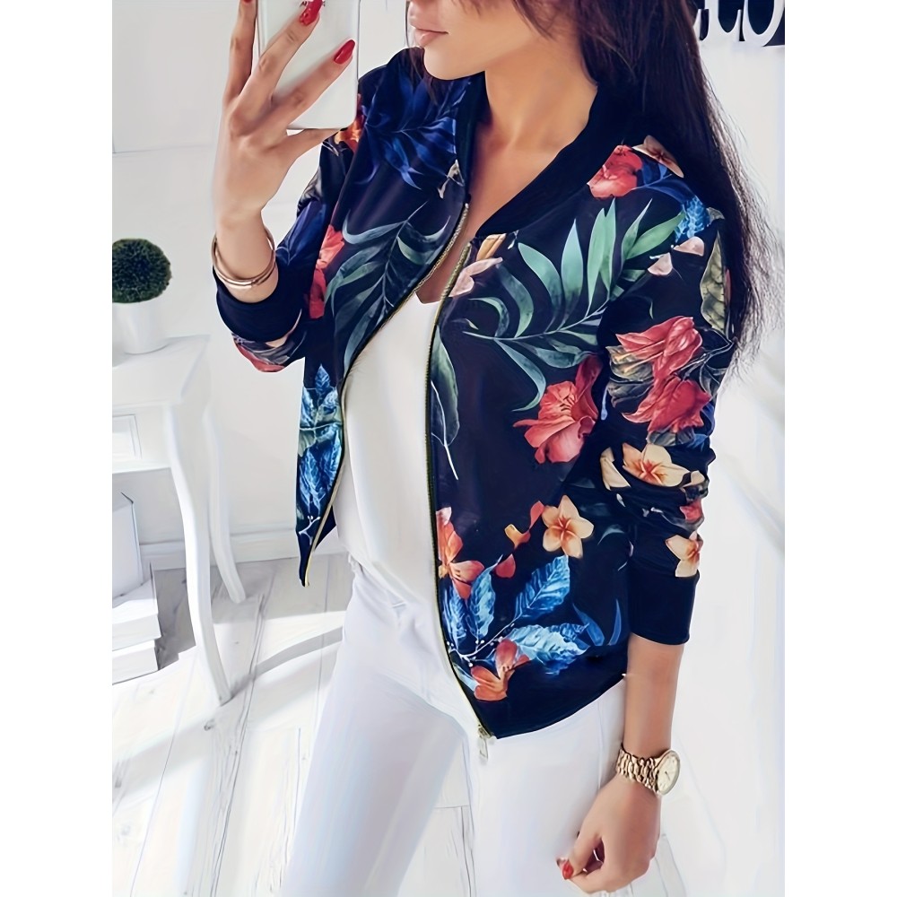 Women's Floral Print Zip Up Jacket - Casual Long Sleeve Spring & Fall Outerwear