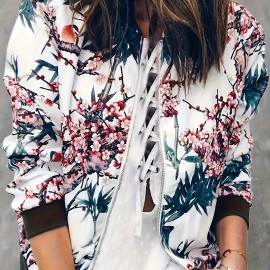 Women's Floral Print Zip Up Jacket - Casual Long Sleeve Spring & Fall Outerwear