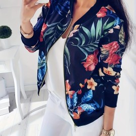 Women's Floral Print Zip Up Jacket - Casual Long Sleeve Spring & Fall Outerwear