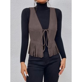 Tassel Tie Front Solid Vest, Elegant Sleeveless Stylish Vest, Women's Clothing