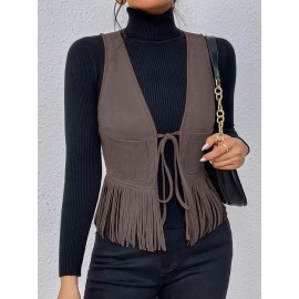 Tassel Tie Front Solid Vest, Elegant Sleeveless Stylish Vest, Women's Clothing