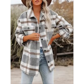 Women's Stylish Plaid Button Down Long Sleeve Jacket - Loose Lapel Design