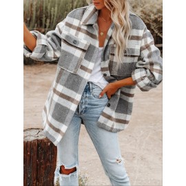 Women's Stylish Plaid Button Down Long Sleeve Jacket - Loose Lapel Design