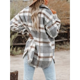 Women's Stylish Plaid Button Down Long Sleeve Jacket - Loose Lapel Design