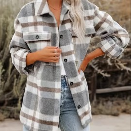 Women's Stylish Plaid Button Down Long Sleeve Jacket - Loose Lapel Design